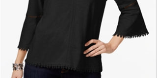 Blusa feminina estilo &amp; co com manga sino e acabamento em crochê, preta, tamanho pequeno P