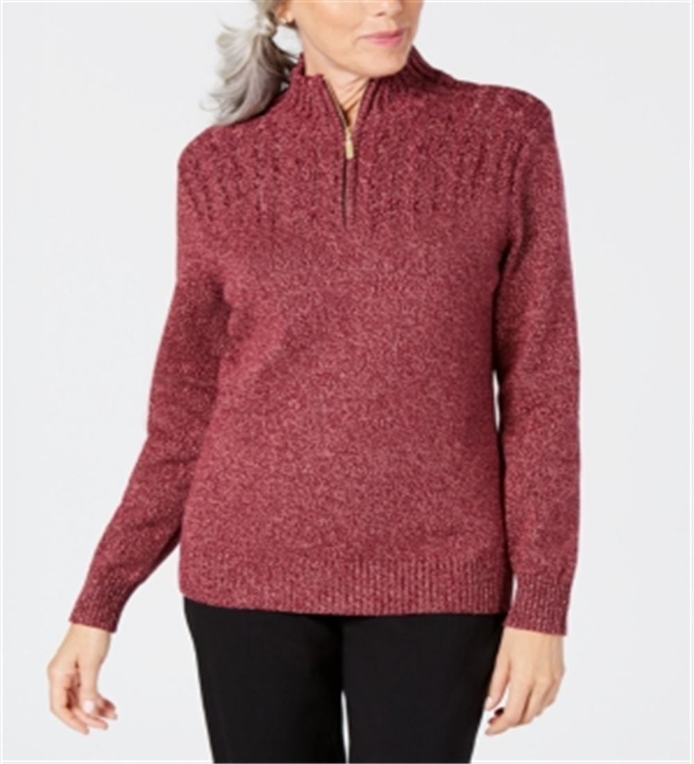 Karen Scott Suéter Feminino de Malha Marled com Zíper em 1/4 Vermelho Tamanho XS