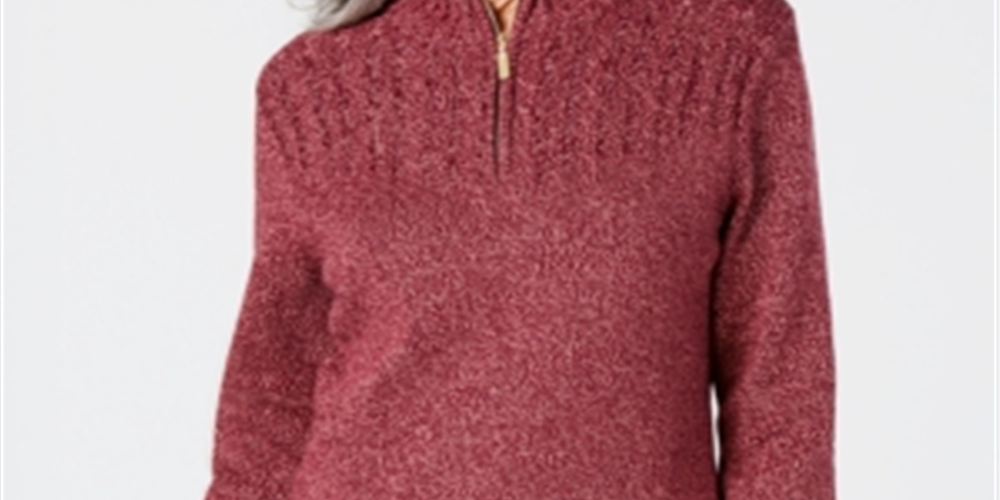 Karen Scott Suéter Feminino de Malha Marled com Zíper em 1/4 Vermelho Tamanho XS
