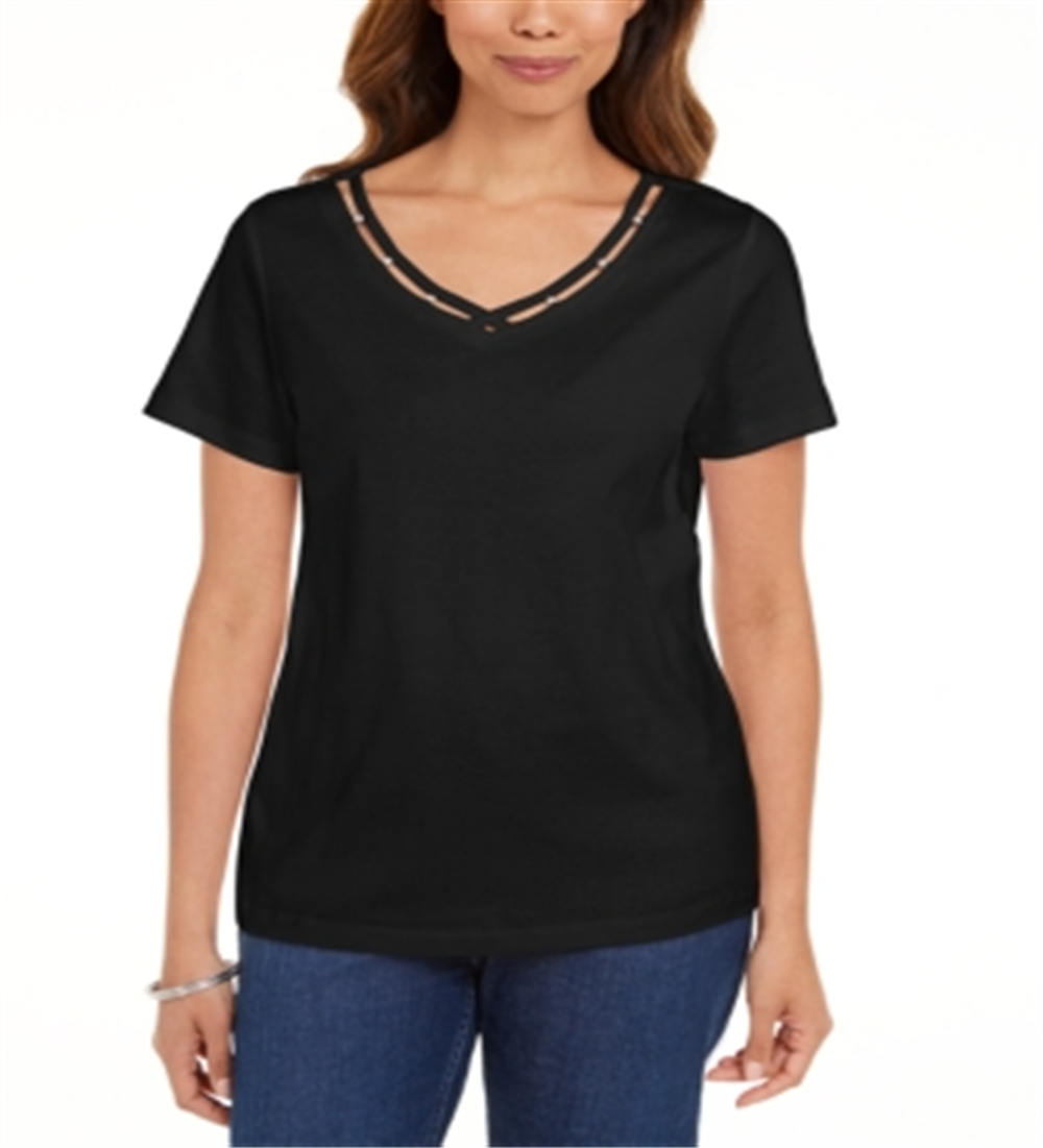 Camiseta feminina Karen Scott de algodão com decote em V e acabamento aberto, preta, tamanho pequeno