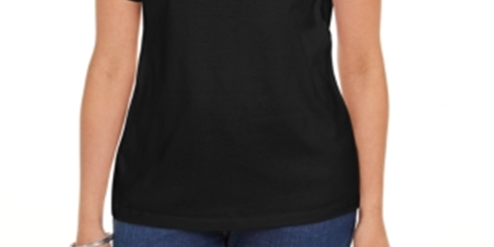 Camiseta feminina Karen Scott de algodão com decote em V e acabamento aberto, preta, tamanho pequeno