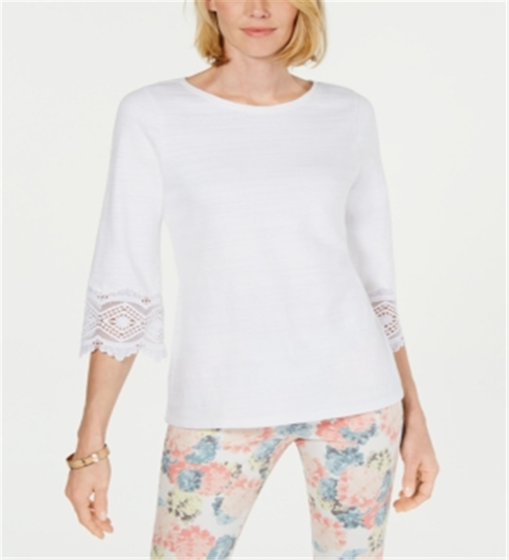 Top de renda feminino Charter Club com manga, branco, tamanho pequeno, médio