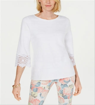 Top de renda feminino Charter Club com manga, branco, tamanho pequeno, médio