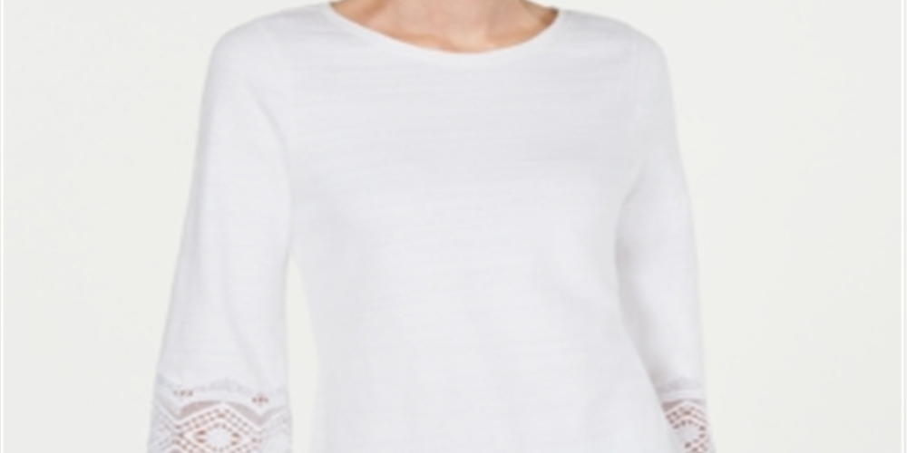 Top de renda feminino Charter Club com manga, branco, tamanho pequeno, médio