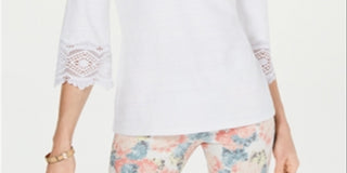 Top de renda feminino Charter Club com manga, branco, tamanho pequeno, médio