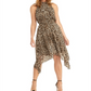 Vestido de festa feminino Rachel Roy, estampa animal, sem mangas, gola alta, corte midi, flare, marrom, tamanho grande