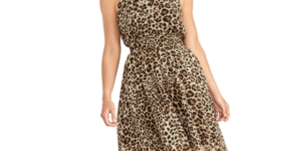 Vestido de festa feminino Rachel Roy, estampa animal, sem mangas, gola alta, corte midi, flare, marrom, tamanho grande