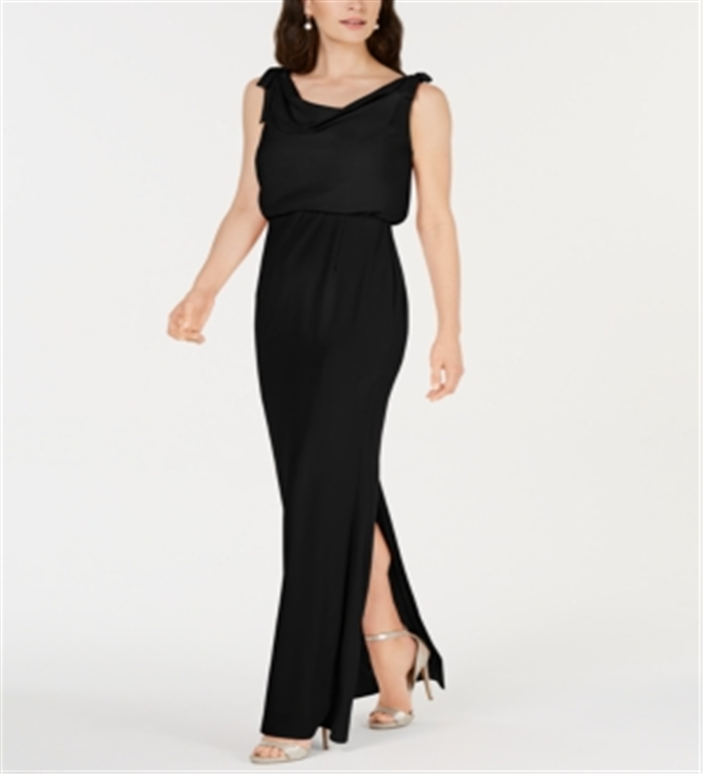 Vestido longo feminino Adrianna Papell com decote canoa, preto, tamanho 18