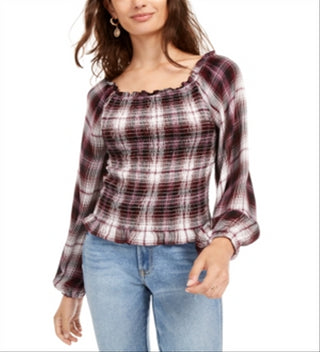 Blusa estampada American Rag Junior com mangas curtas e babados, vermelha, tamanho XX-G