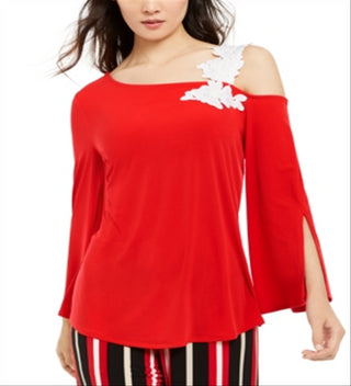 Blusa feminina Alfani com apliques de um ombro só, vermelha, tamanho médio