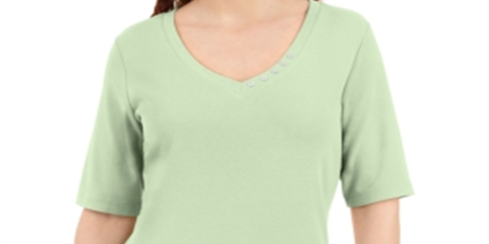 Blusa feminina Karen Scott com decote em V e detalhes em botões, verde, tamanho médio