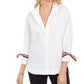 Camisa feminina Tommy Hilfiger com manga amarrada, branca, tamanho XS
