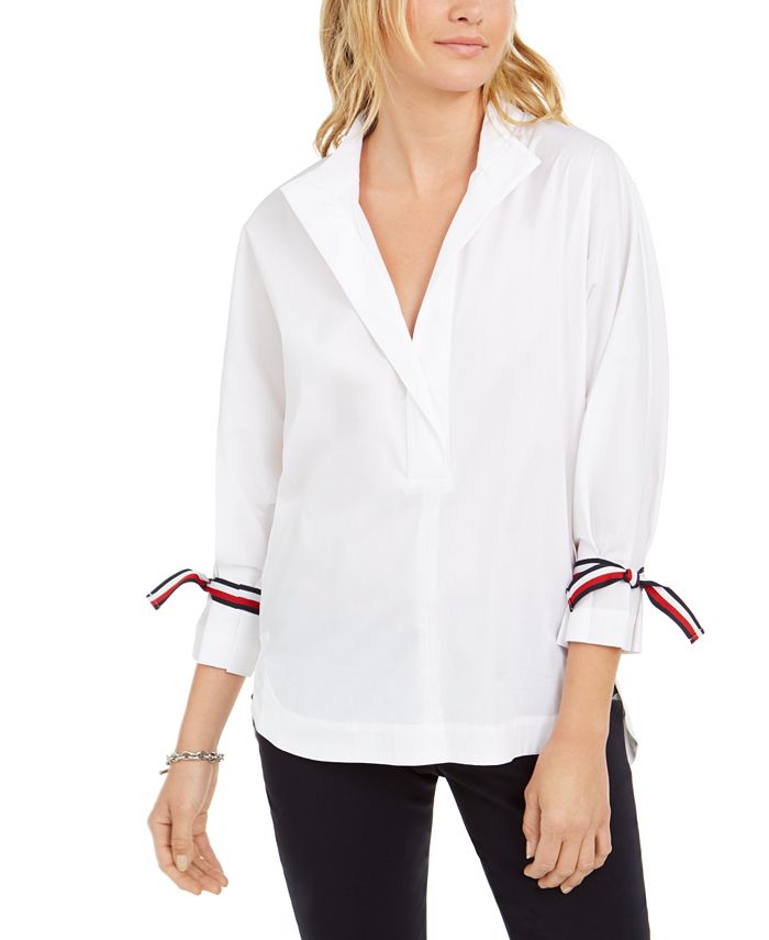 Camisa feminina Tommy Hilfiger com manga amarrada, branca, tamanho XS