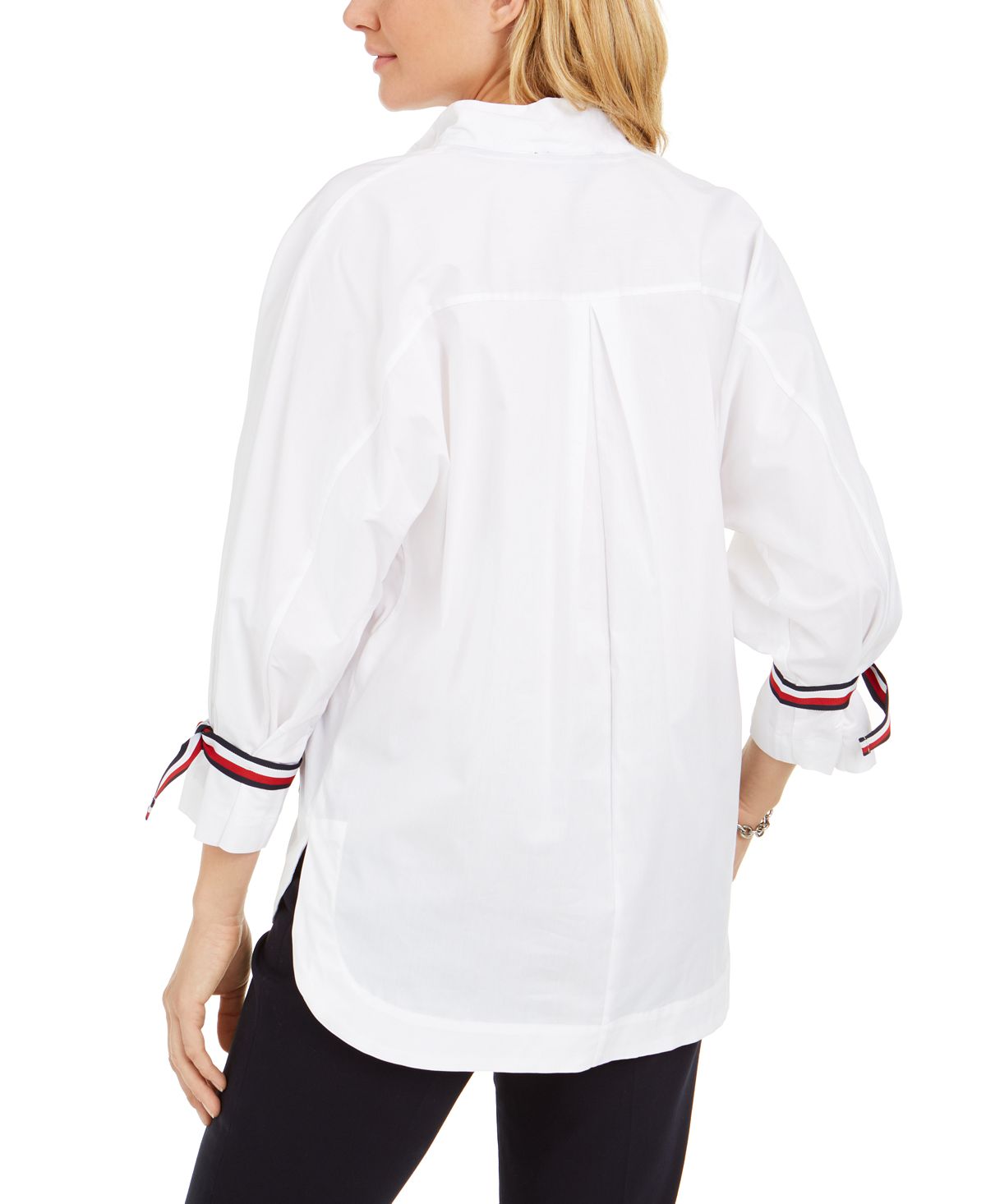 Camisa feminina Tommy Hilfiger com manga amarrada, branca, tamanho XS
