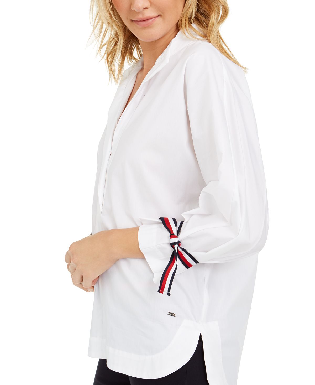 Camisa feminina Tommy Hilfiger com manga amarrada, branca, tamanho XS