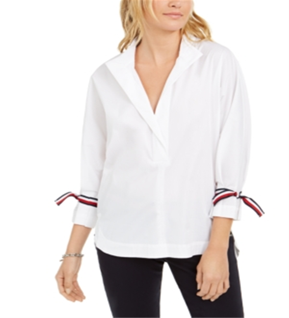 Camisa feminina Tommy Hilfiger com manga amarrada, branca, tamanho XS