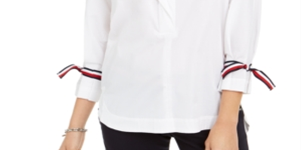 Camisa feminina Tommy Hilfiger com manga amarrada, branca, tamanho XS