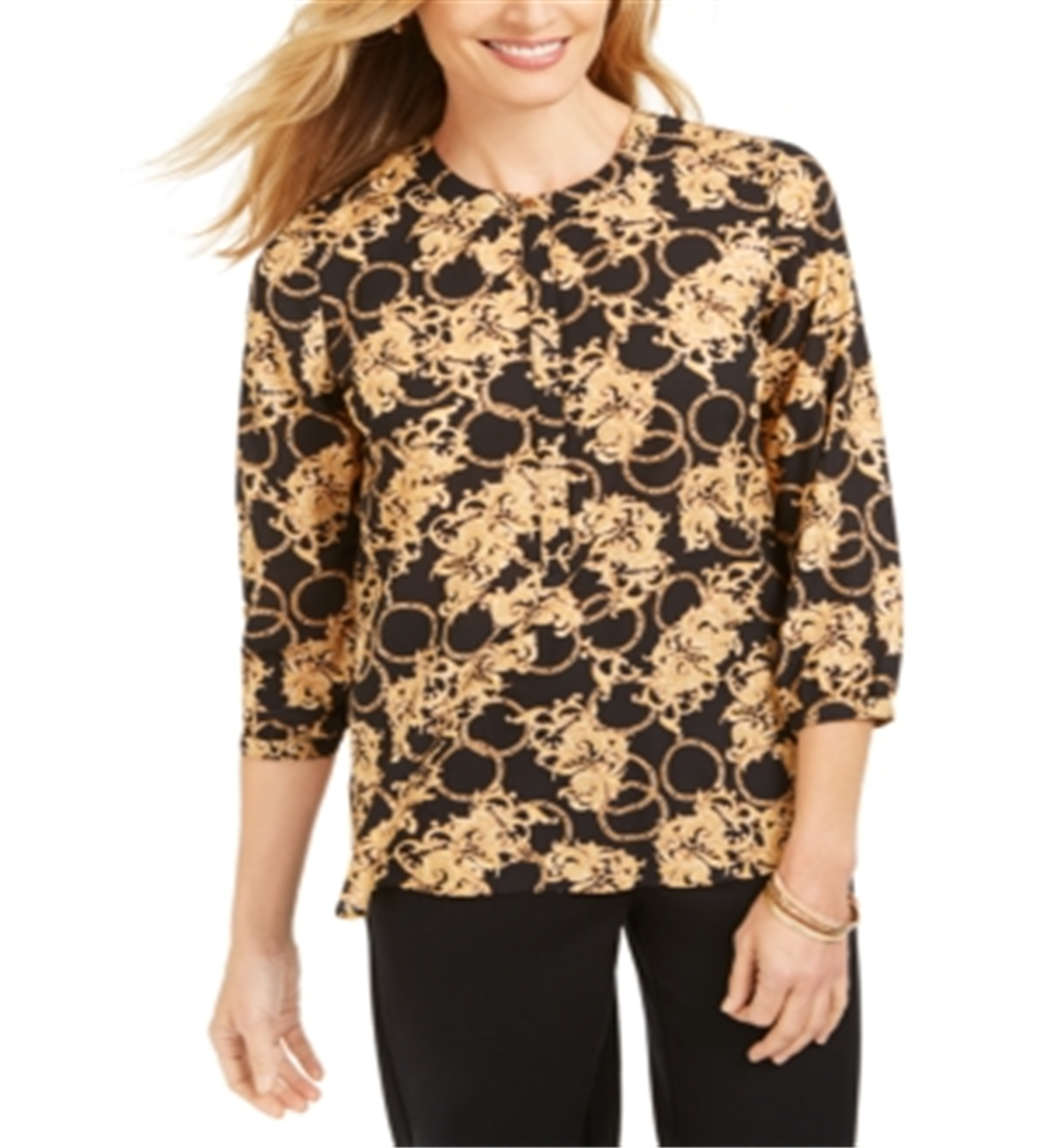 JM Collection Top feminino com estampa de folha metálica e pregas nas costas, preto, tamanho XX-G