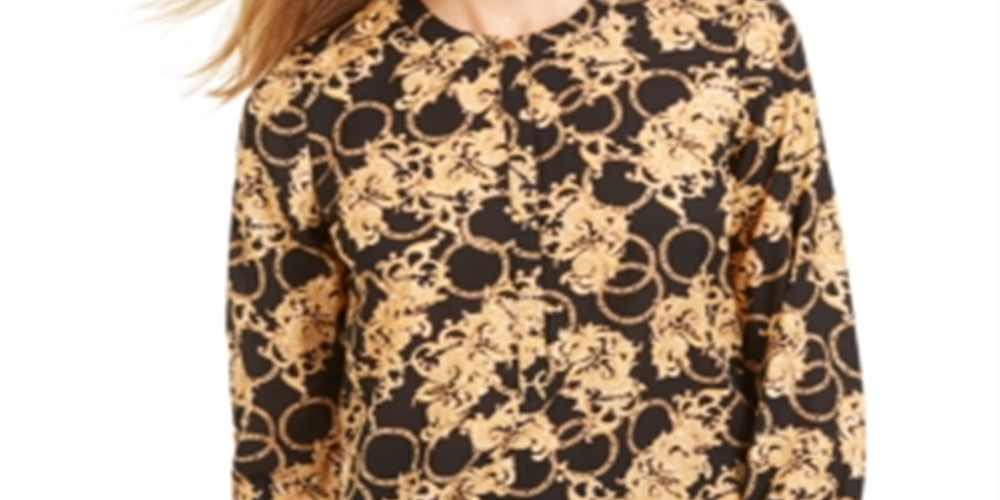 JM Collection Top feminino com estampa de folha metálica e pregas nas costas, preto, tamanho XX-G