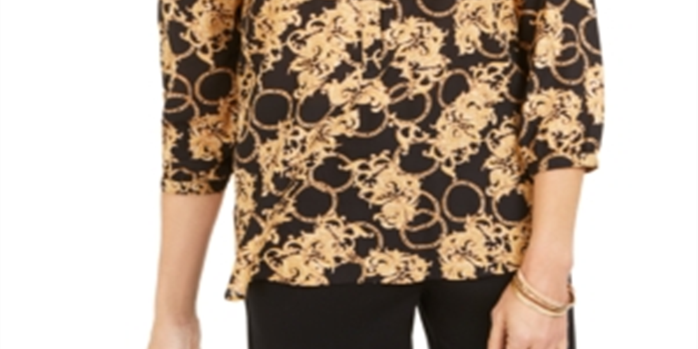 JM Collection Top feminino com estampa de folha metálica e pregas nas costas, preto, tamanho XX-G