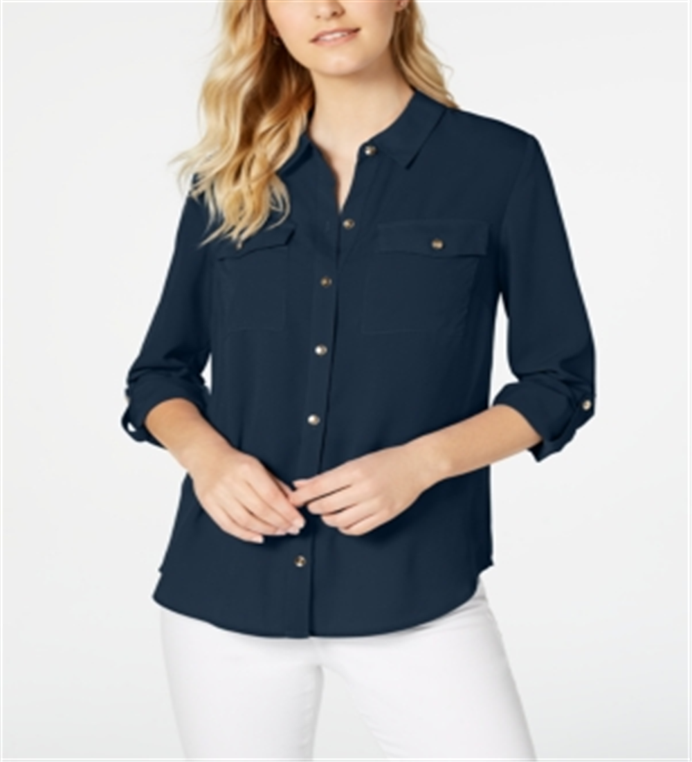 Camisa feminina Charter Club com dois bolsos, azul, tamanho grande