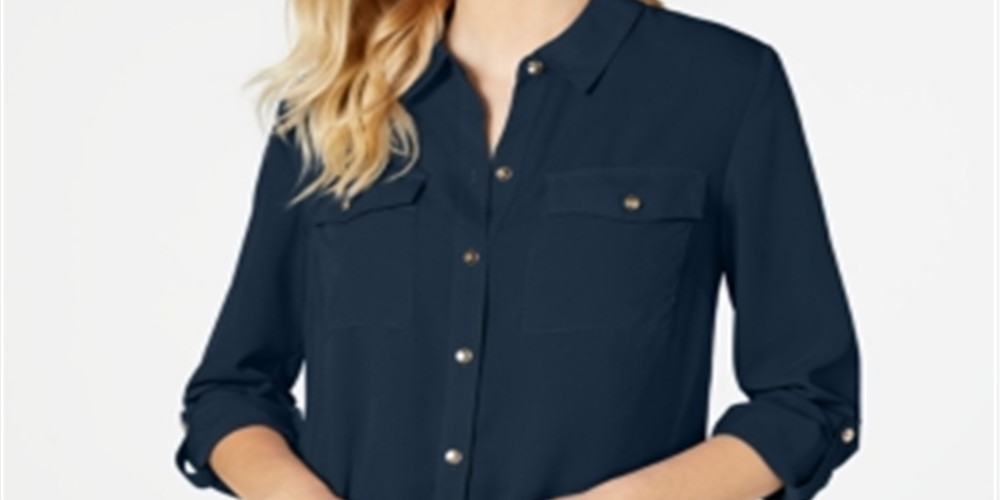 Camisa feminina Charter Club com dois bolsos, azul, tamanho grande