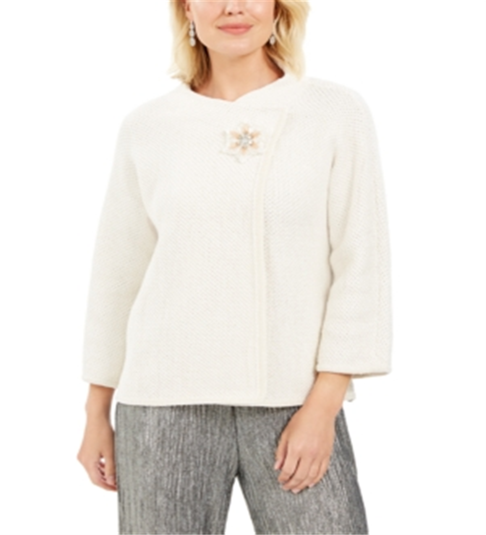 Jaqueta feminina JM Collection com broche texturizado metálico para festa de fim de ano, branca, tamanho XX-G