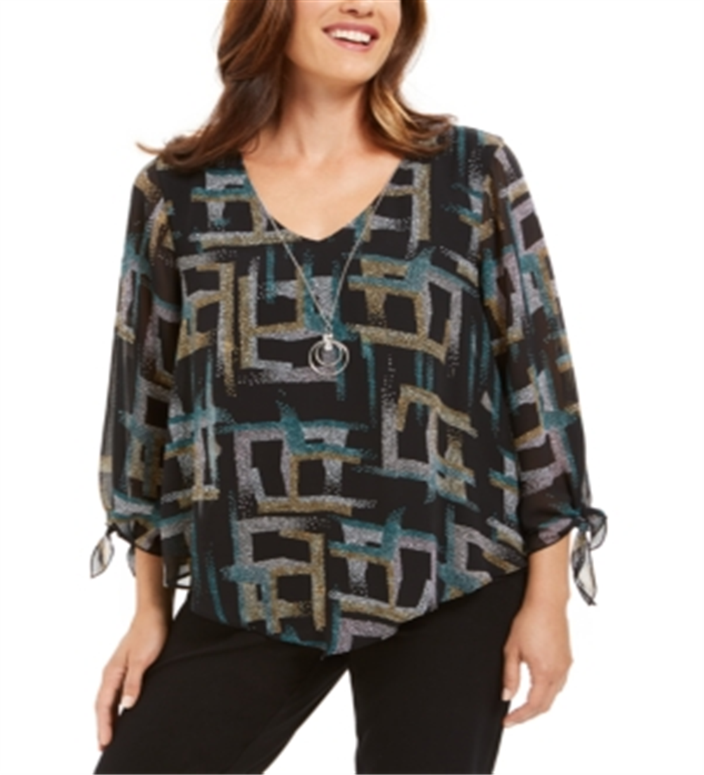 Blusa feminina estampada com colar assimétrico, preta, tamanho pequeno, da coleção JM
