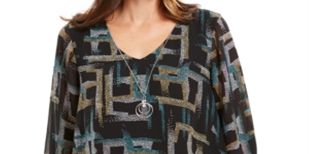 Blusa feminina estampada com colar assimétrico, preta, tamanho pequeno, da coleção JM