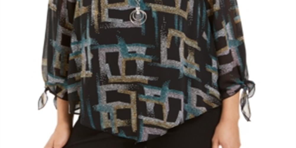 Blusa feminina estampada com colar assimétrico, preta, tamanho pequeno, da coleção JM