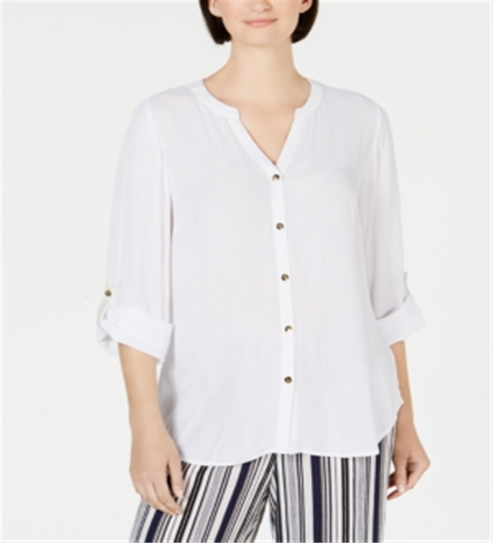 Blusa feminina de crepon com botões frontais, tamanho médio, branca, da coleção JM