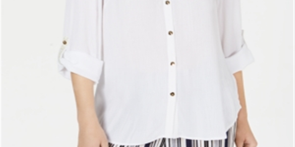 Blusa feminina de crepon com botões frontais, tamanho médio, branca, da coleção JM