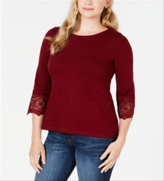 Top feminino Charter Club com acabamento em renda de algodão, vermelho, tamanho pequeno G