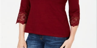 Top feminino Charter Club com acabamento em renda de algodão, vermelho, tamanho pequeno G