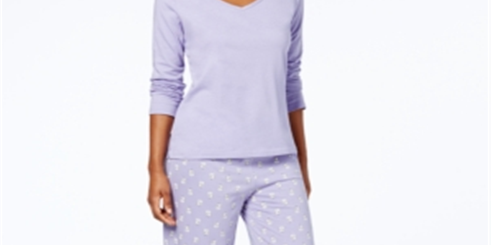 Conjunto de pijama feminino Charter Club com blusa gráfica e calça estampada, roxo, tamanho 2XL