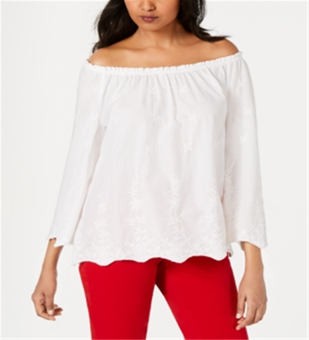 Camisa feminina conversível de algodão bordado Charter Club, branca, tamanho médio