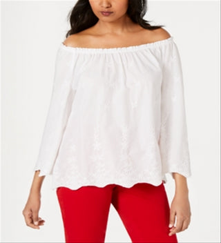 Camisa feminina conversível de algodão bordado Charter Club, branca, tamanho médio