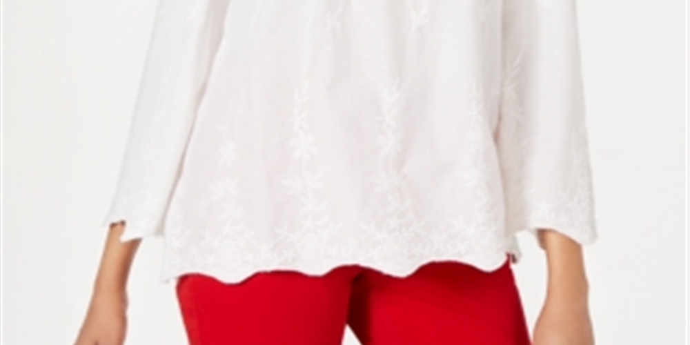 Camisa feminina conversível de algodão bordado Charter Club, branca, tamanho médio