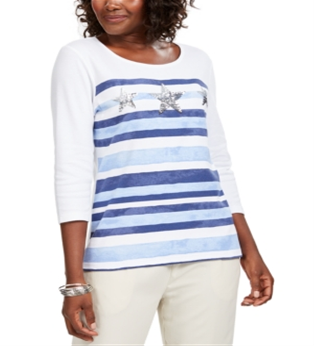 Karen Scott Blusa Listrada Feminina com Lantejoulas Branca Tamanho Pequeno P