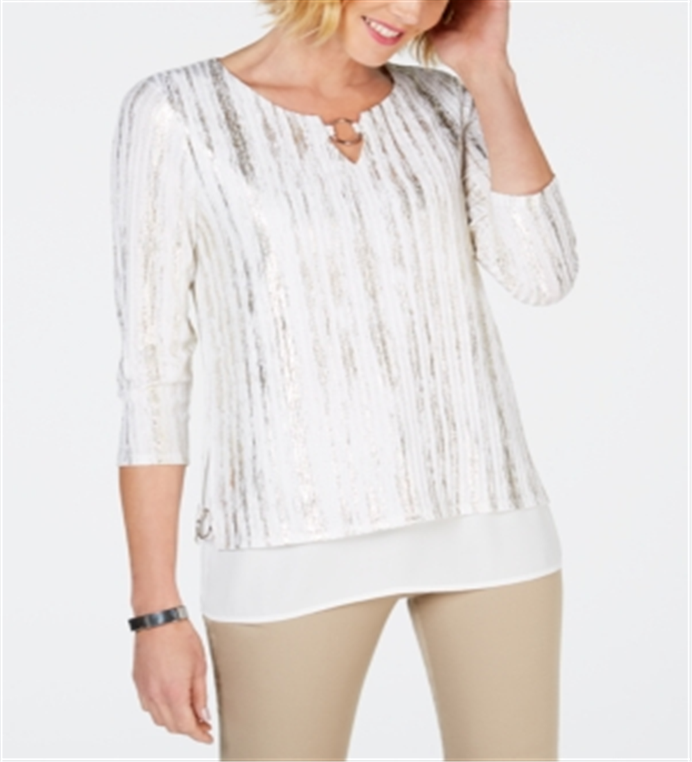 JM Collection Blusa feminina bordada franzida, branca/dourada, tamanho pequeno P