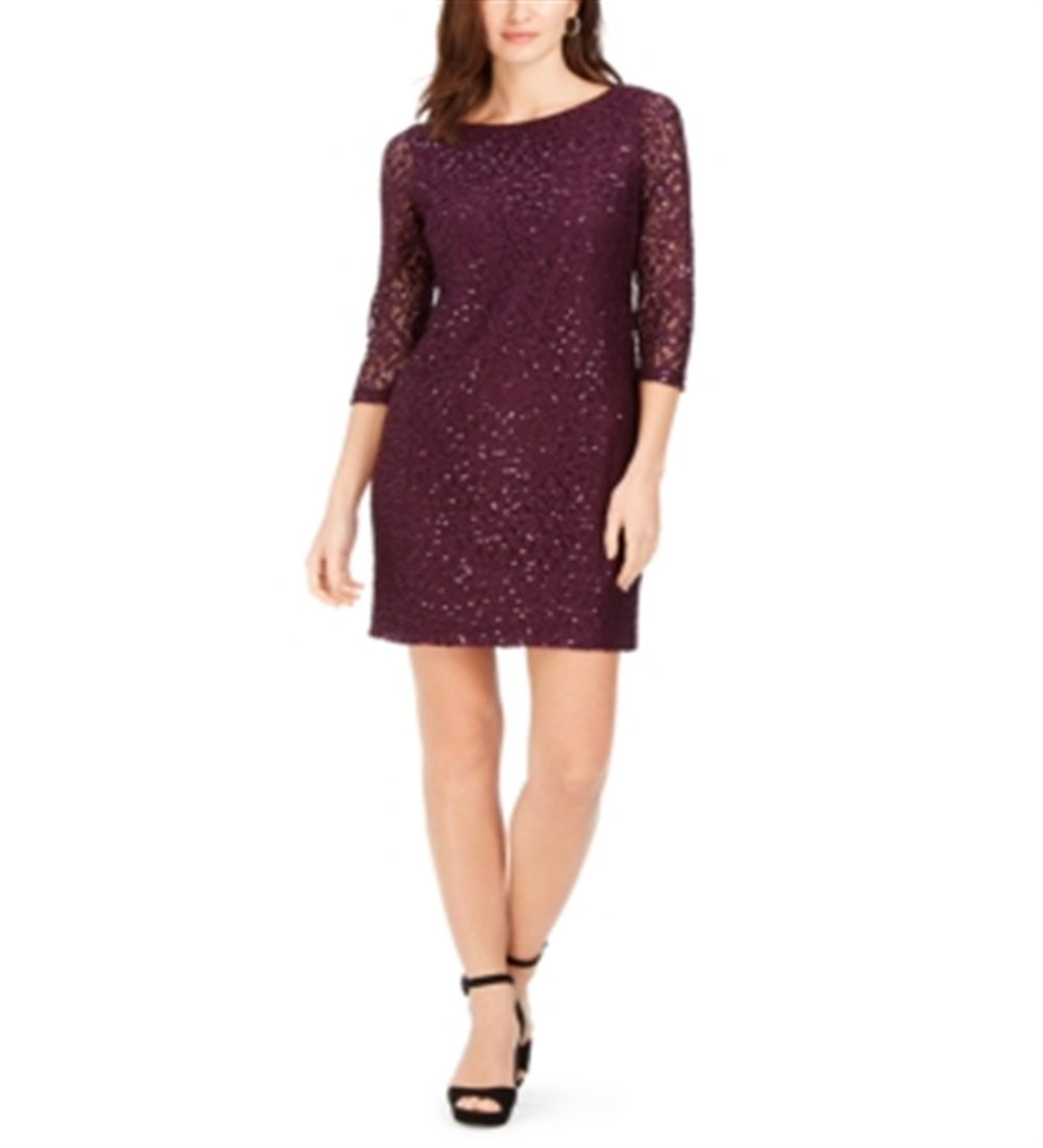 Vestido de festa curto com decote em joia e manga comprida Jessica Howard, roxo, tamanho 4, pequeno
