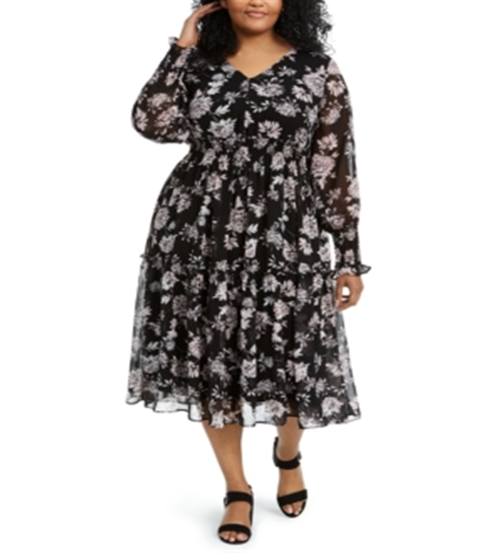 Vestido midi smocked com estampa floral Taylor feminino, preto, tamanho 18W