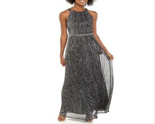 Vestido de noite longo com bainha halter sem mangas e decote halter Slny feminino, prateado, tamanho 16