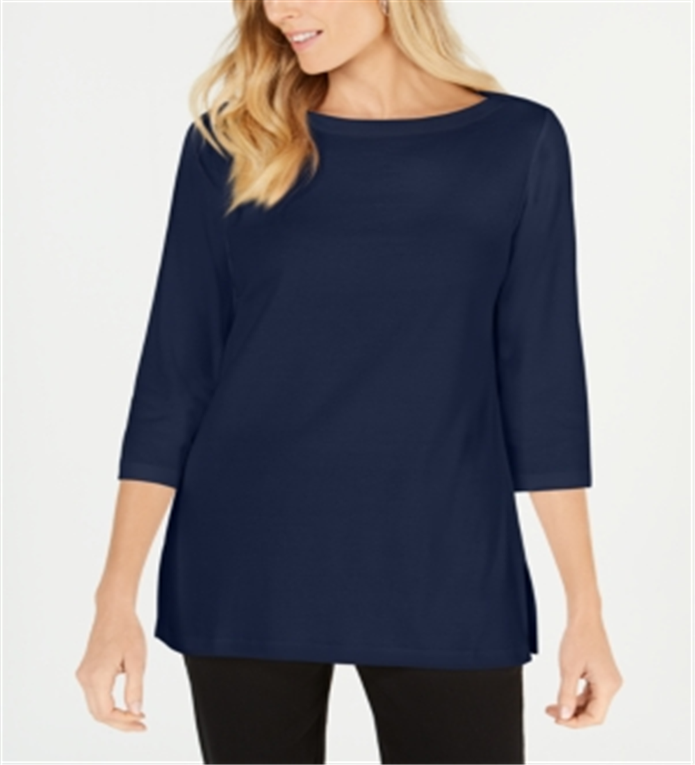 Karen Scott Blusa de malha feminina de algodão com decote canoa e manga 3/4, azul, tamanho X-S