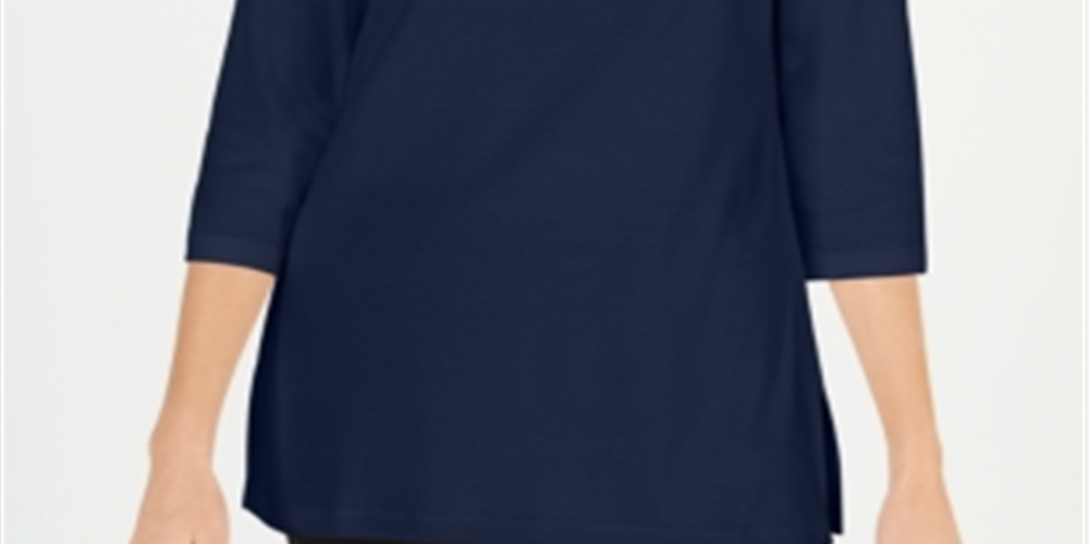 Karen Scott Blusa de malha feminina de algodão com decote canoa e manga 3/4, azul, tamanho X-S