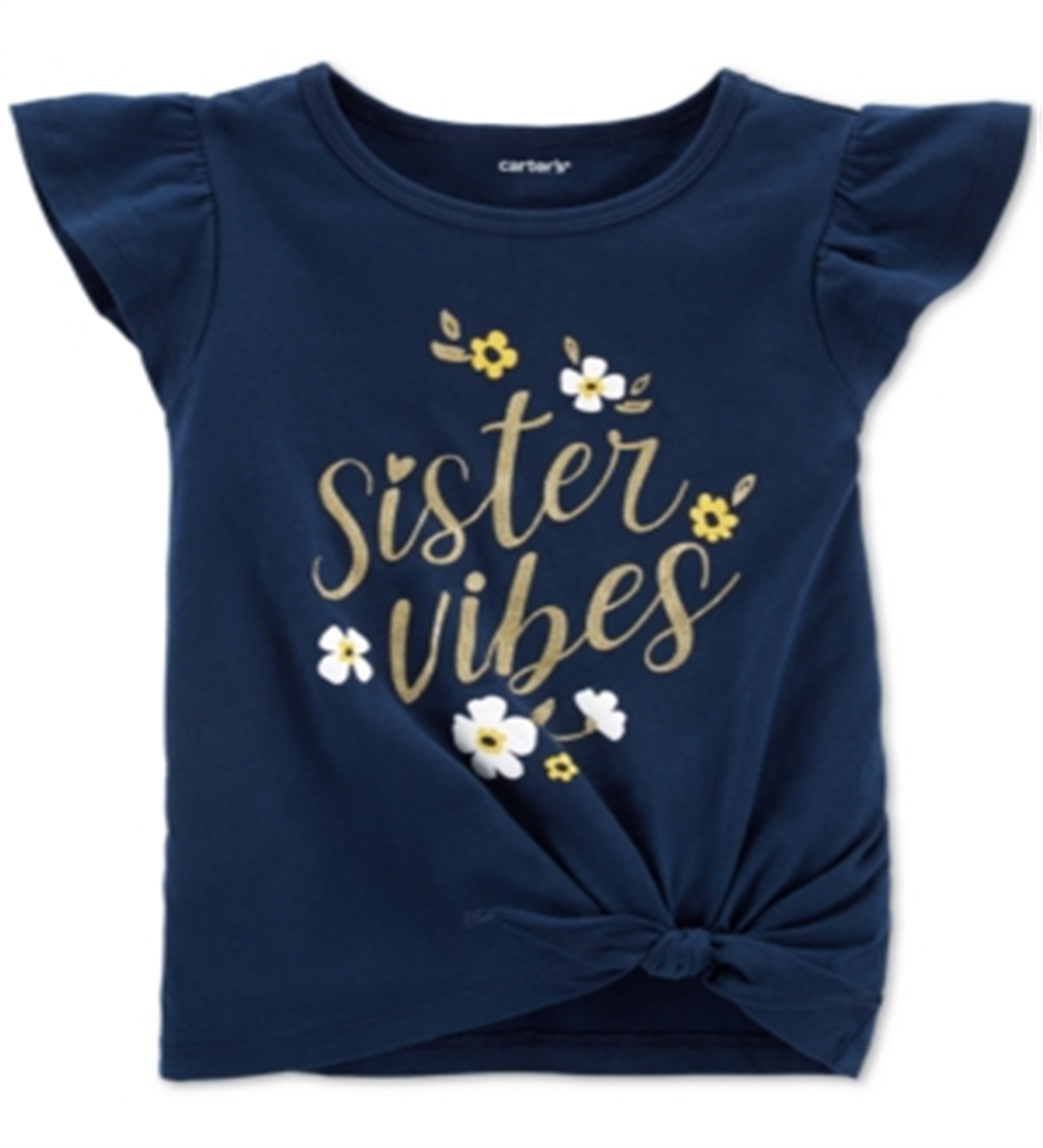 Camiseta Carter's Infantil para Meninas com Estampa Vibes e Amarração Frontal em Algodão Azul, Tamanho 3T