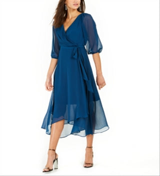 Vestido envelope feminino NY Collection em chiffon amassado e sintético, azul, tamanho pequeno GG