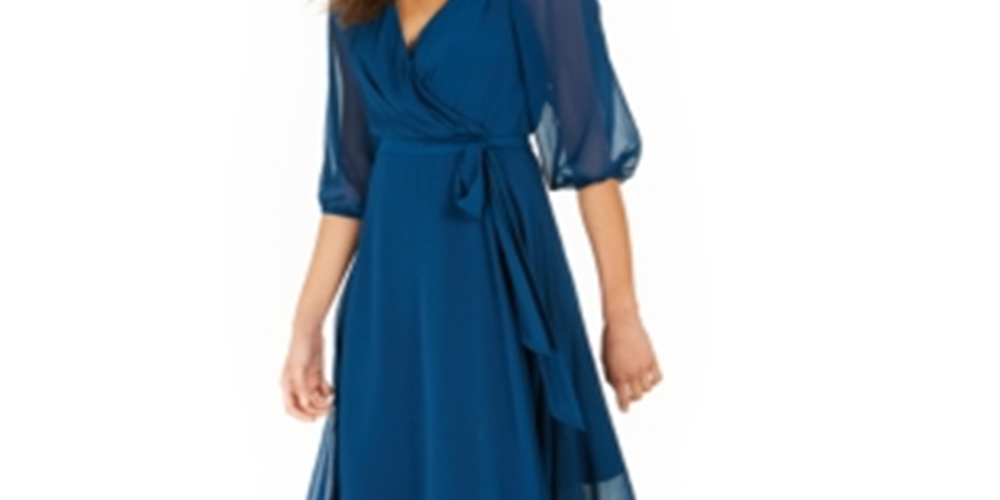 Vestido envelope feminino NY Collection em chiffon amassado e sintético, azul, tamanho pequeno GG