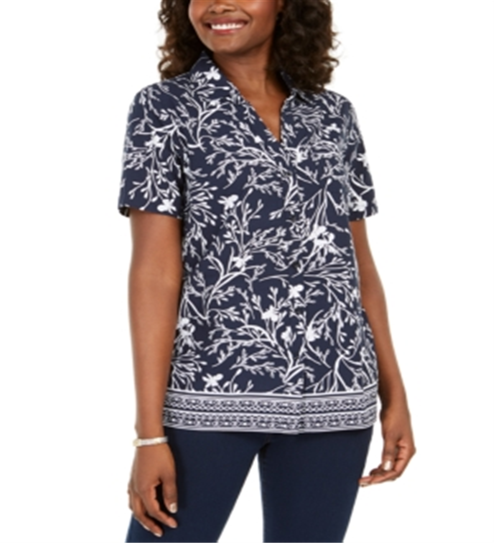 Camisa feminina Karen Scott com estampa floral e botões, azul, tamanho pequeno