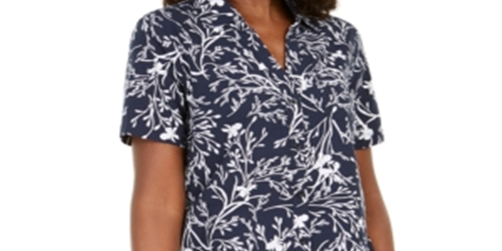 Camisa feminina Karen Scott com estampa floral e botões, azul, tamanho pequeno